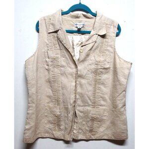 Natural Collections Top 100% LINEN 2X/3X/4X Collared sleeveless pleated beige EC